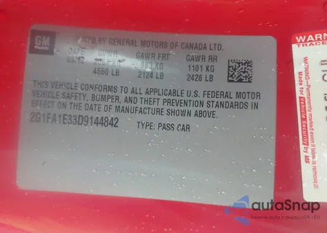 2013 Chevrolet Camaro 2Ls from USA, damaged, VIN 2G1FA1E33D9144842